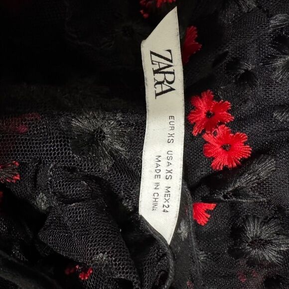 Zara Floral Embroidered Oversized sheer Dress size XS black and red - Picture 9 of 9